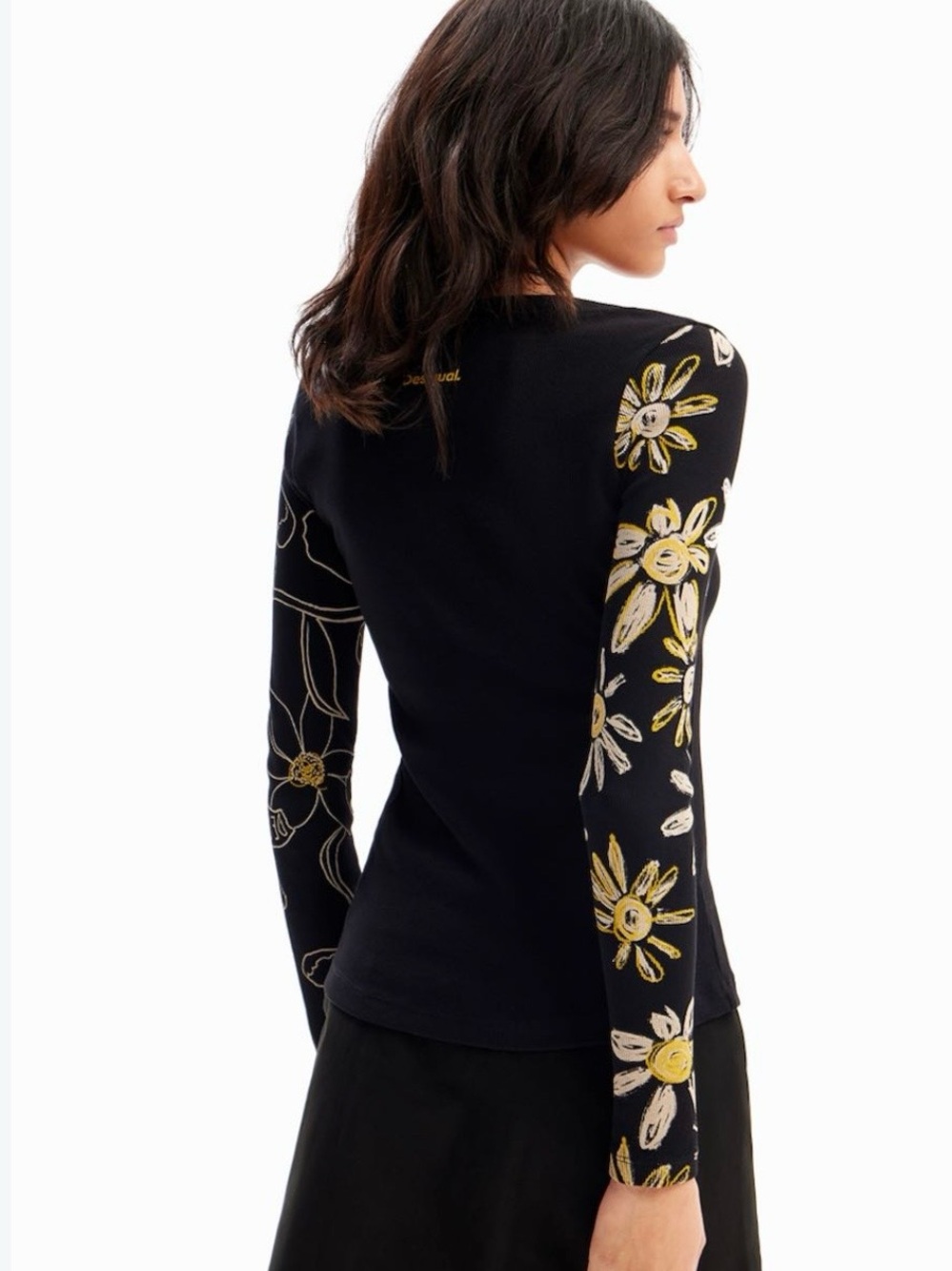 Desigual Black Long-Sleeve Ribbed Top with Yellow & White Floral Sleeves